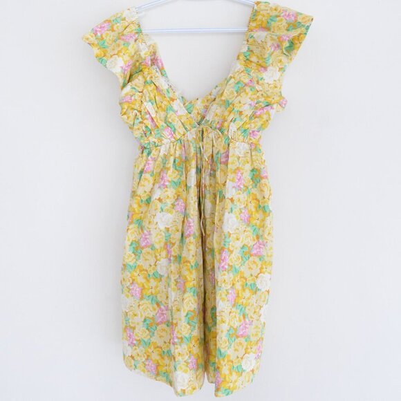 For Love & Lemons Yellow Tamra Dress with Florals & Ruffle Mini Dress M - Picture 2 of 13